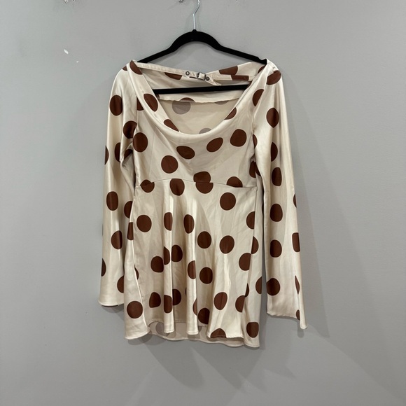 Free People Dress Tigre Printed Mini Satin in Tea Combo Polka Dot Brown Cream - Picture 6 of 11